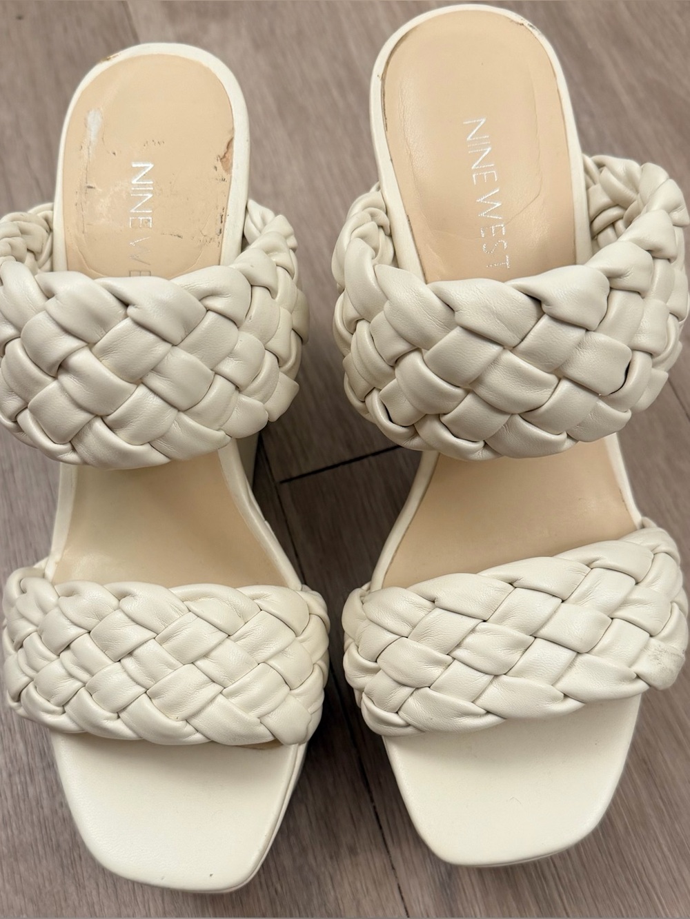 Nine West White Braided Double Strap Platform Wedge Sandals Slides
